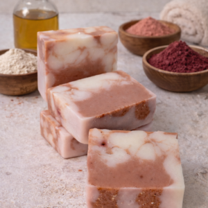 SABONETE DE ARGILA ROSA, ARGILA BRANCA E FRUTAS VERMELHAS