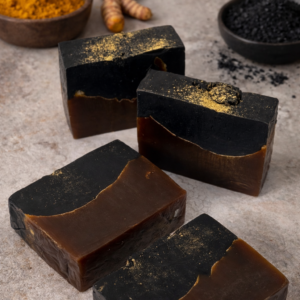 SABONETE DE AÇAFRÃO E CARVÃO ATIVADO